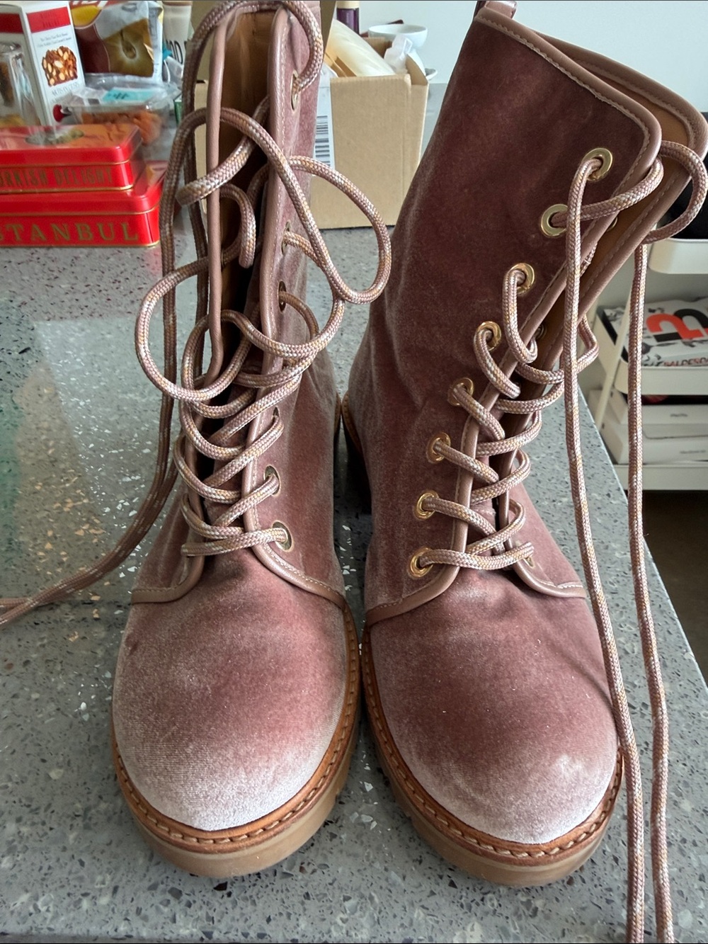 Stuart Weitzman Dusty Pink Velvet Lace-Up Boots